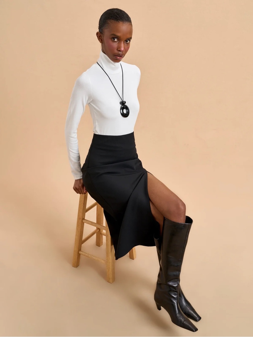 La Ligne Black High-Slit Midi Skirt